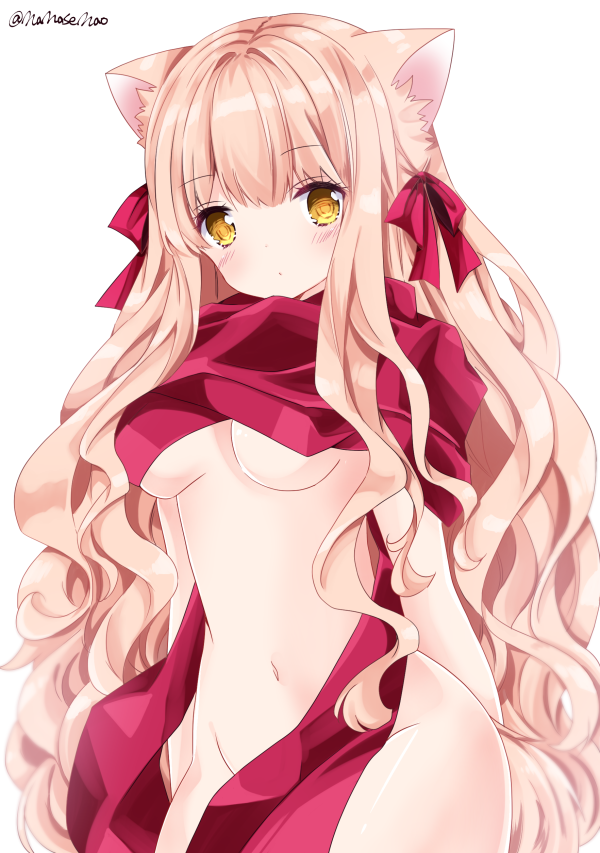 1girl animal_ears bangs blonde_hair blush breasts cat_ears closed_mouth commentary_request eyebrows_visible_through_hair groin long_hair looking_at_viewer medium_breasts naked_scarf nanase_kureha nanase_nao navel original purple_scarf scarf simple_background solo twitter_username under_boob very_long_hair white_background yellow_eyes