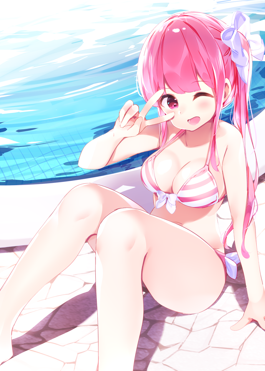 1girl ;d arm_support arm_up bangs bare_arms bare_legs bare_shoulders bikini blush bow bow_bikini breasts chikuwa. cleavage collarbone commentary eyebrows_visible_through_hair hair_bow highres large_breasts long_hair navel one_eye_closed open_mouth original pink_hair pool poolside red_eyes side_ponytail sitting smile solo striped striped_bikini swimsuit v_over_eye very_long_hair water white_bow