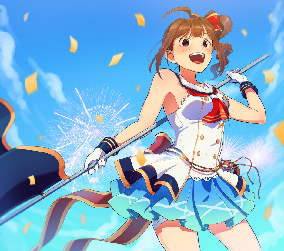 1girl blue_skirt blush bow brown_hair collarbone confetti day drill_hair eyebrows_visible_through_hair fireworks flag gloves hair_bow holding holding_flag idolmaster idolmaster_million_live! idolmaster_million_live!_theater_days kamille_(vcx68) looking_away open_mouth outdoors red_bow short_hair side_drill skirt smile solo teeth violet_eyes white_gloves yokoyama_nao