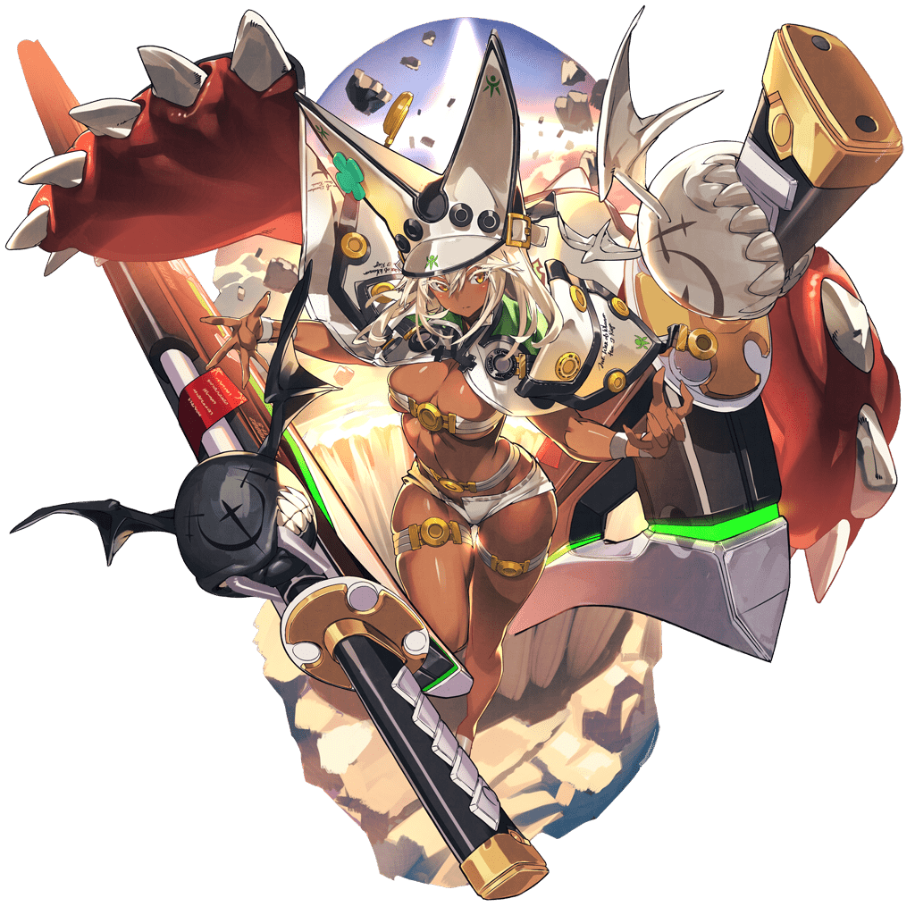 1girl beltbra breasts brown_eyes clover dark_skin four-leaf_clover full_body guilty_gear guilty_gear_xrd hat huge_weapon large_breasts last_period ramlethal_valentine revealing_clothes shorts solo thigh_strap thighs weapon white_hair white_hat white_shorts