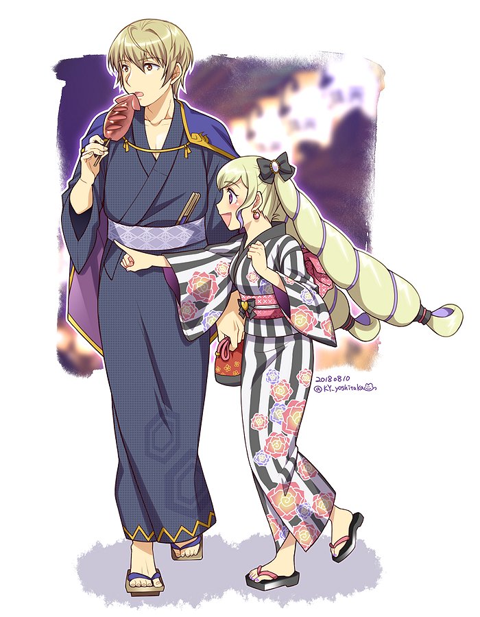 black_bow blonde_hair bow brother_and_sister dated earrings elise_(fire_emblem_if) fire_emblem fire_emblem_heroes fire_emblem_if floral_print from_side hair_bow hiwa_kurige ikayaki japanese_clothes jewelry kimono leon_(fire_emblem_if) long_hair multicolored_hair obi open_mouth pointing purple_hair sandals sash short_hair siblings standing twintails twitter_username violet_eyes wide_sleeves yukata