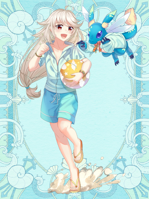 1girl :d ahoge ball beachball blue_background blue_eyes blue_shirt blue_shorts bracelet brown_eyes clenched_hand dragon full_body hand_up holding holding_ball jewelry long_hair low-tied_long_hair open_mouth original sandals seashell_print shirt shorts slee smile standing standing_on_one_leg