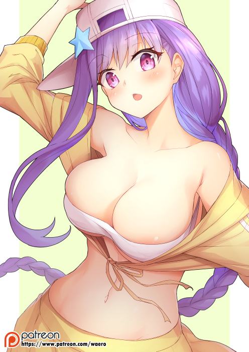 1girl arm_up bandeau bare_shoulders bb_(fate/extra_ccc) braid breasts collarbone eyebrows_visible_through_hair fate/grand_order fate_(series) flat_cap hat large_breasts long_hair navel nishino_(waero) open_mouth patreon_logo patreon_username pink_eyes purple_hair revision sideways_hat simple_background solo star stomach upper_body very_long_hair white_hat