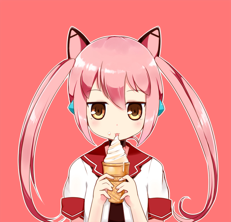 1girl blush brown_eyes character_request closed_mouth copyright_request eyebrows_visible_through_hair food ice_cream linda_b long_hair looking_at_viewer pink_background pink_hair short_sleeves simple_background solo tongue tongue_out twintails upper_body