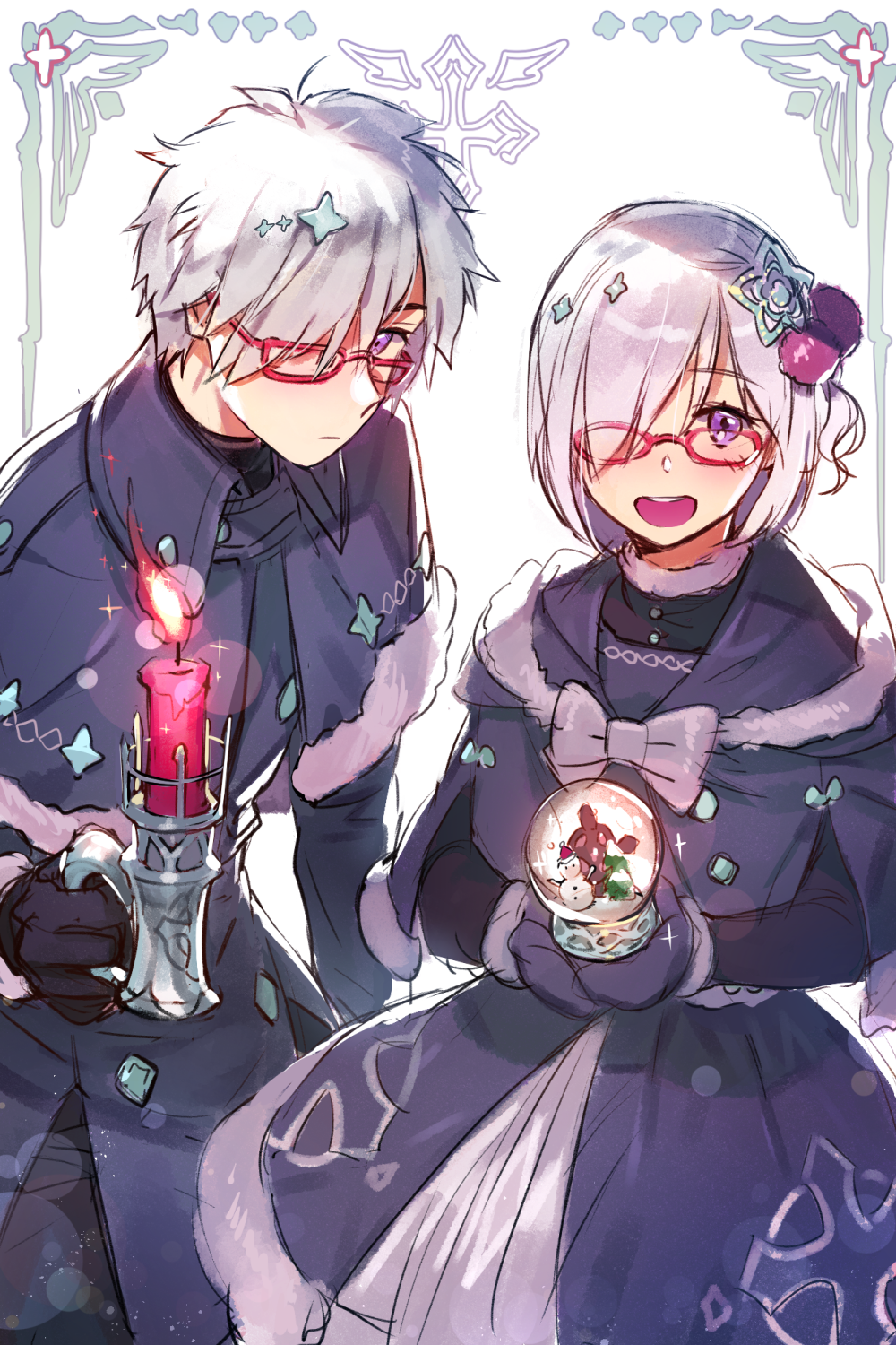 1boy 1girl bow candle capelet double-breasted dress fate/grand_order fate_(series) fur_trim galahad_(fate) glasses grand_dobu hair_over_one_eye highres lavender_hair looking_at_viewer mash_kyrielight matching_outfit red-framed_eyewear silver_hair simple_background smile snow_globe violet_eyes white_background white_bow winter_clothes yellow_eyes