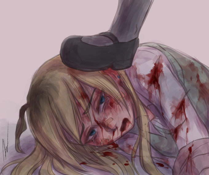 1girl ahoge aosora_(mizore) bandaid black_footwear blonde_hair blood blood_on_face bloody_clothes blouse blue_eyes foot_on_head long_hair open_mouth original solo stepped_on sweater_vest white_blouse white_legwear