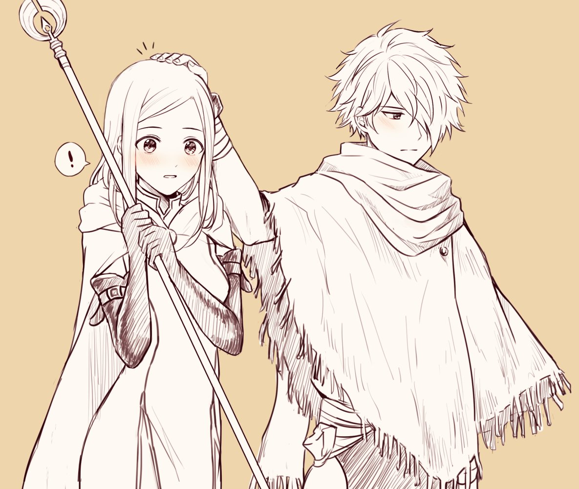 1boy 1girl blush dress gloves jewelry long_hair monochrome octopath_traveler ophilia_(octopath_traveler) petting scarf short_hair simple_background smile staff therion_(octopath_traveler) wspread