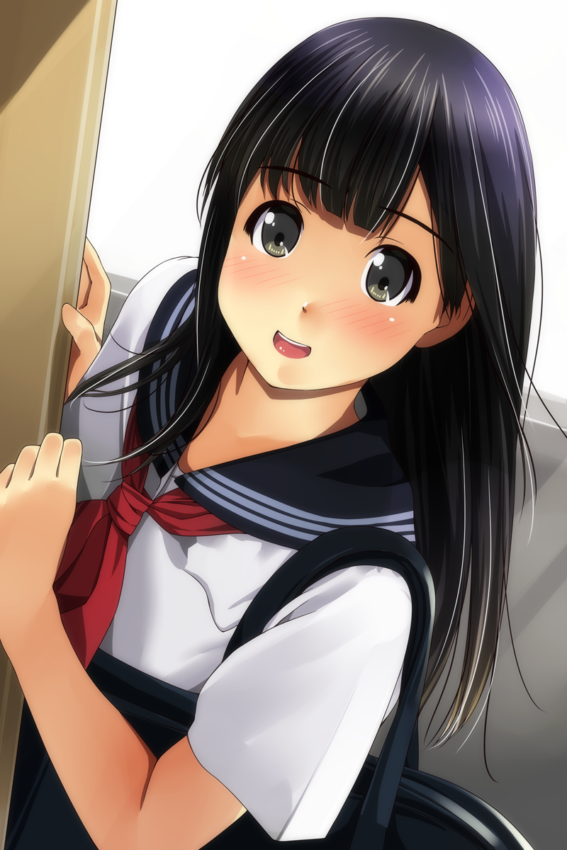 1girl :d ascot bag bangs black_eyes black_hair black_sailor_collar blush commentary_request eyebrows_visible_through_hair highres leaning_to_the_side long_hair looking_at_viewer matsunaga_kouyou nose_blush open_mouth original red_neckwear sailor_collar school_bag school_uniform serafuku shirt short_sleeves smile solo upper_teeth white_shirt