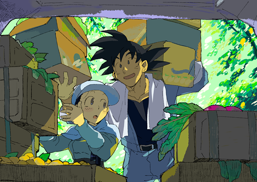 1boy 1girl :d baseball_cap belt black_eyes black_hair box carrying_over_shoulder chi-chi_(dragon_ball) day dragon_ball dragon_ball_super dragonball_z expressionless food hat height_difference jacket long_sleeves looking_back looking_up nature open_mouth outdoors pants pov radish shaded_face short_hair smile son_gokuu spiky_hair towel towel_around_neck tree vegetable