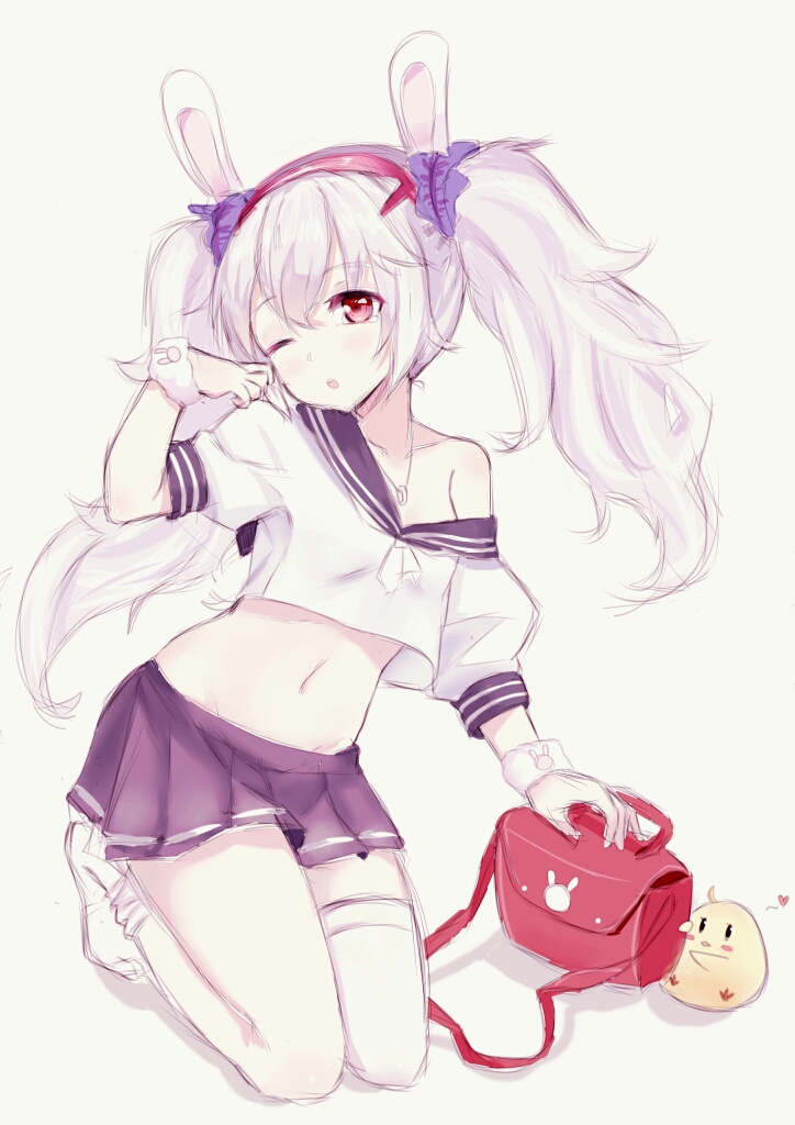 1girl ;o animal animal_ears asymmetrical_legwear azur_lane bag bare_shoulders bird black_sailor_collar black_skirt blush chick collarbone commentary_request crop_top grey_background hairband head_tilt heart laffey_(azur_lane) long_hair midriff navel off_shoulder one_eye_closed parted_lips pleated_skirt puffy_short_sleeves puffy_sleeves rabbit_ears red_eyes red_hairband round_teeth sailor_collar sakura_(mtmr4354) school_uniform serafuku shirt short_sleeves silver_hair skirt solo tears teeth thighhighs_pull twintails upper_teeth very_long_hair white_legwear white_shirt