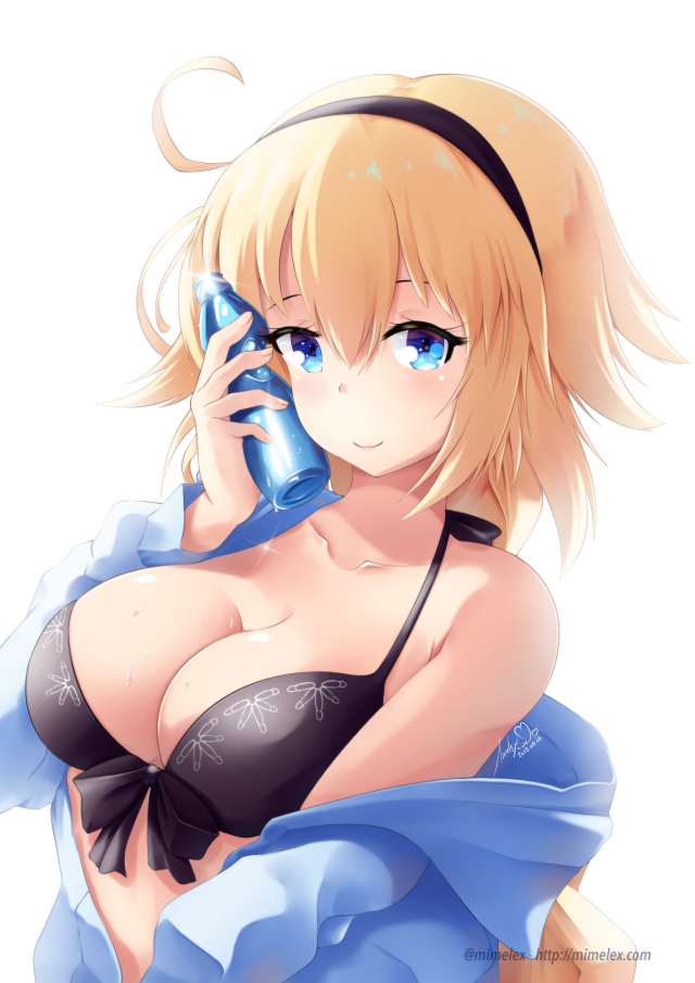 1girl ahoge bikini bikini_top black_bikini black_bikini_top black_hairband blonde_hair blue_eyes bottle braid breasts cleavage closed_mouth dated fate/apocrypha fate/grand_order fate_(series) hairband jeanne_d'arc_(fate)_(all) jeanne_d'arc_(swimsuit_archer) long_hair looking_at_viewer medium_breasts mimelex signature simple_background single_braid smile solo swimsuit twitter_username watermark web_address white_background