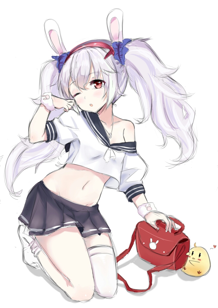 1girl ;o animal animal_ears asymmetrical_legwear azur_lane bag bare_shoulders bird black_sailor_collar black_skirt blush chick collarbone crop_top hairband head_tilt heart laffey_(azur_lane) long_hair midriff navel off_shoulder one_eye_closed parted_lips pleated_skirt puffy_short_sleeves puffy_sleeves rabbit_ears red_eyes red_hairband round_teeth sailor_collar sakura_(mtmr4354) school_uniform serafuku shirt short_sleeves silver_hair skirt solo tears teeth thighhighs_pull twintails upper_teeth very_long_hair white_background white_legwear white_shirt