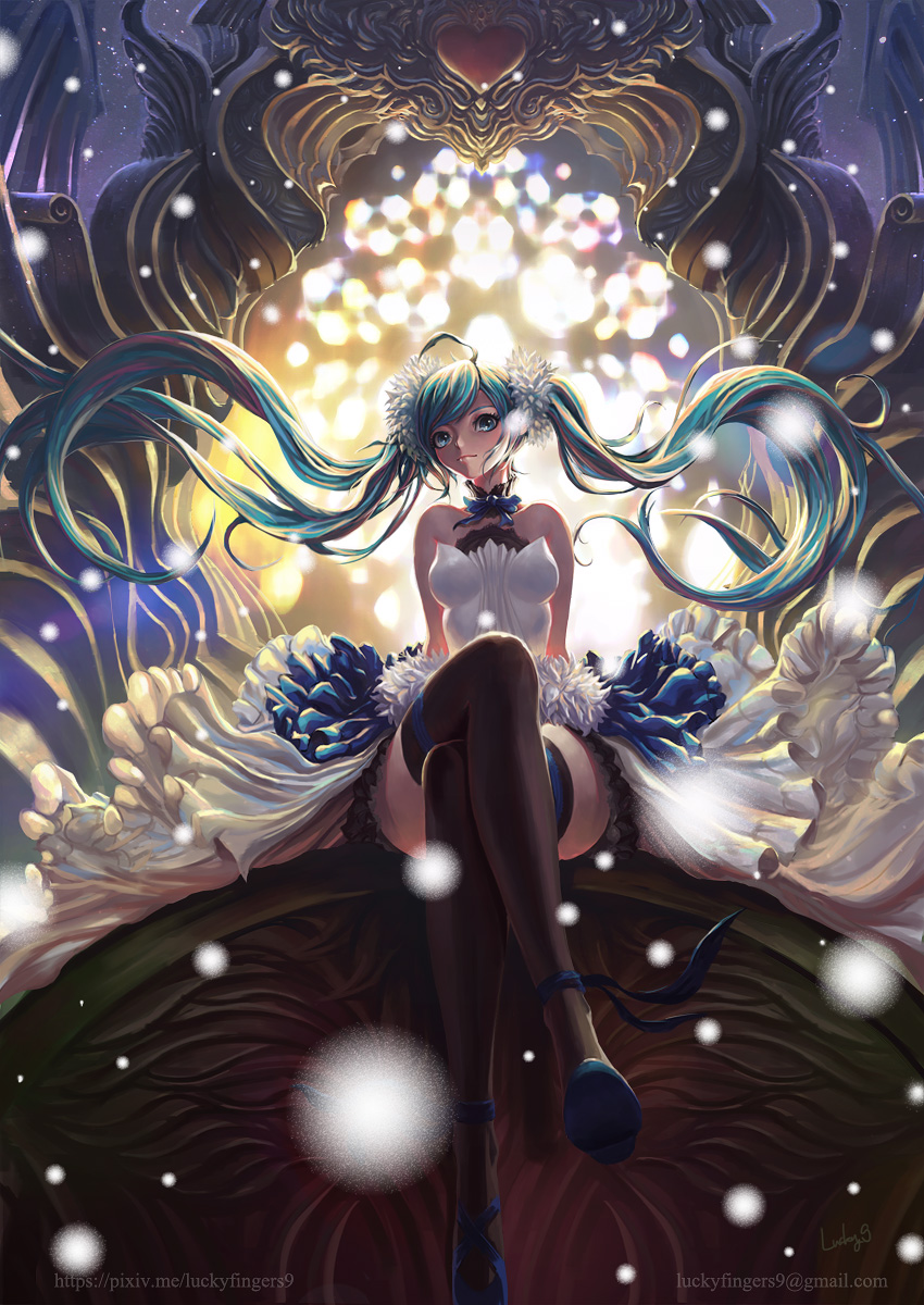 1girl ahoge aqua_eyes aqua_hair artist_name bare_shoulders black_footwear black_legwear breasts detached_collar eternal_light hair_ornament hatsune_miku heart highres legs_crossed long_hair looking_at_viewer lucky9 medium_breasts sitting snow solo thigh-highs twintails very_long_hair vocaloid watermark web_address winter