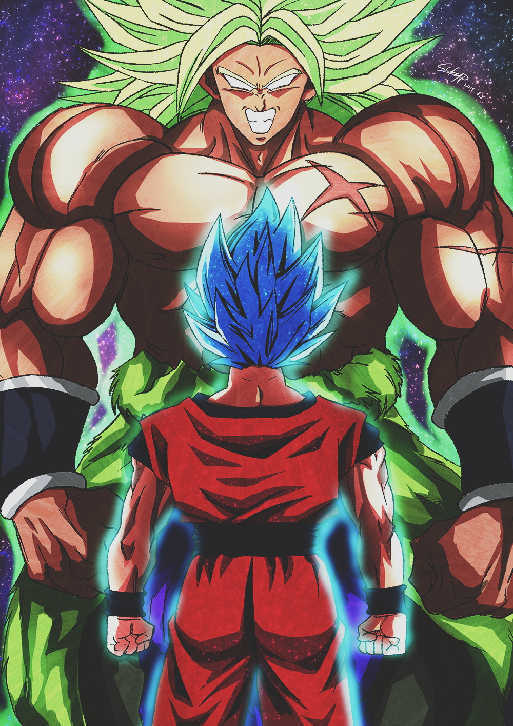 2boys blue_hair broly clenched_hands derivative_work dougi dragon_ball dragon_ball_super dragonball_z evil_grin evil_smile facing_away green_hair grin height_difference highres male_focus multiple_boys muscle no_pupils scar shirtless short_hair smile son_gokuu spiky_hair star starry_background super_saiyan_blue teeth wallpaper wristband