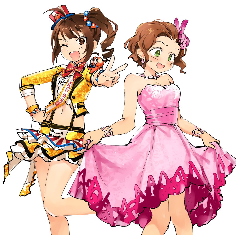 2girls :d ahoge bangs bare_legs bare_shoulders blazer bow bowtie brown_eyes brown_hair commentary cosplay costume_switch crossover dress drill_hair earrings embarrassed eyebrows_visible_through_hair frilled_skirt frills green_eyes hair_ornament hair_slicked_back hand_on_hip hat idol idolmaster idolmaster_cinderella_girls idolmaster_cinderella_girls_starlight_stage idolmaster_million_live! jacket jewelry midriff mini_hat miridereningen multiple_girls namba_emi navel octopus one_eye_closed open_mouth pink_dress sash side_ponytail simple_background skirt skirt_hold smile suspenders upper_teeth wavy_hair white_background yokoyama_nao