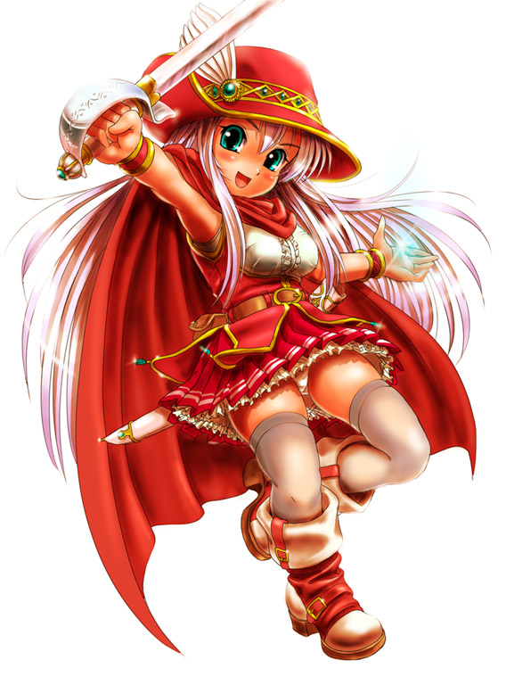 1girl :d aqua_eyes belt blush boots bracelet cape final_fantasy final_fantasy_iii full_body hat hat_wings holding holding_sword holding_weapon jewelry long_hair looking_at_viewer magic moriichi open_mouth panties pantyshot pantyshot_(standing) rapier red_cape red_hat red_mage red_skirt sheath skirt smile standing sword underwear weapon white_hair white_legwear