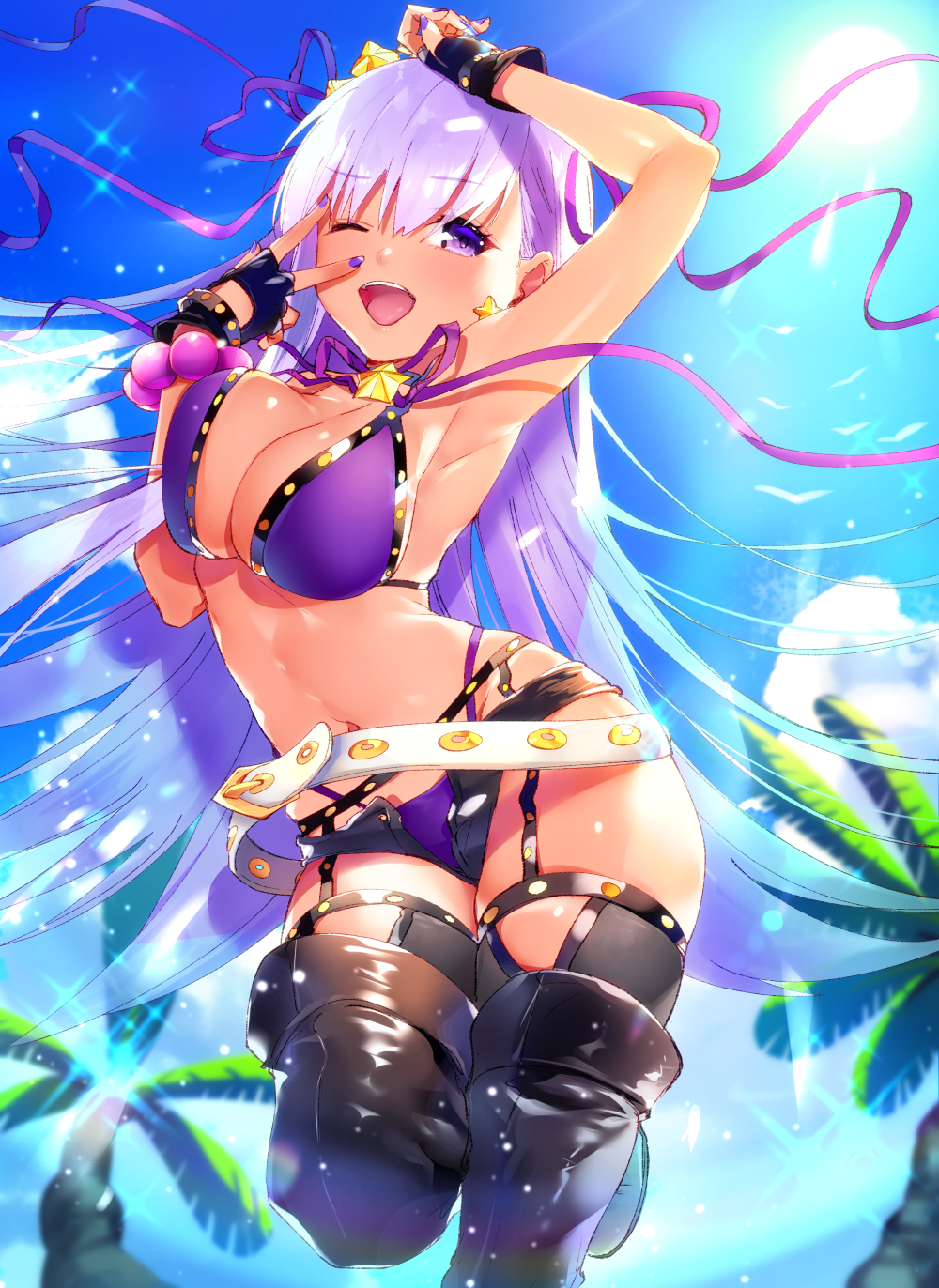 1girl arm_up armpits ayamori_mimi bangs bare_shoulders bb_(fate/extra_ccc) bb_(swimsuit_mooncancer)_(fate) bead_bracelet beads belt bikini black_footwear black_gloves blue_sky blush boots bracelet breasts cleavage collarbone fate/extra fate/extra_ccc fate/grand_order fate_(series) fingerless_gloves garter_belt gloves hair_ornament hand_gesture highres hips jewelry large_breasts long_hair looking_at_viewer navel open_mouth palm_tree purple_bikini purple_hair purple_ribbon ribbon sky smile solo sparkle star star_hair_ornament swimsuit tan thigh-highs thigh_boots thighs tree violet_eyes w waist