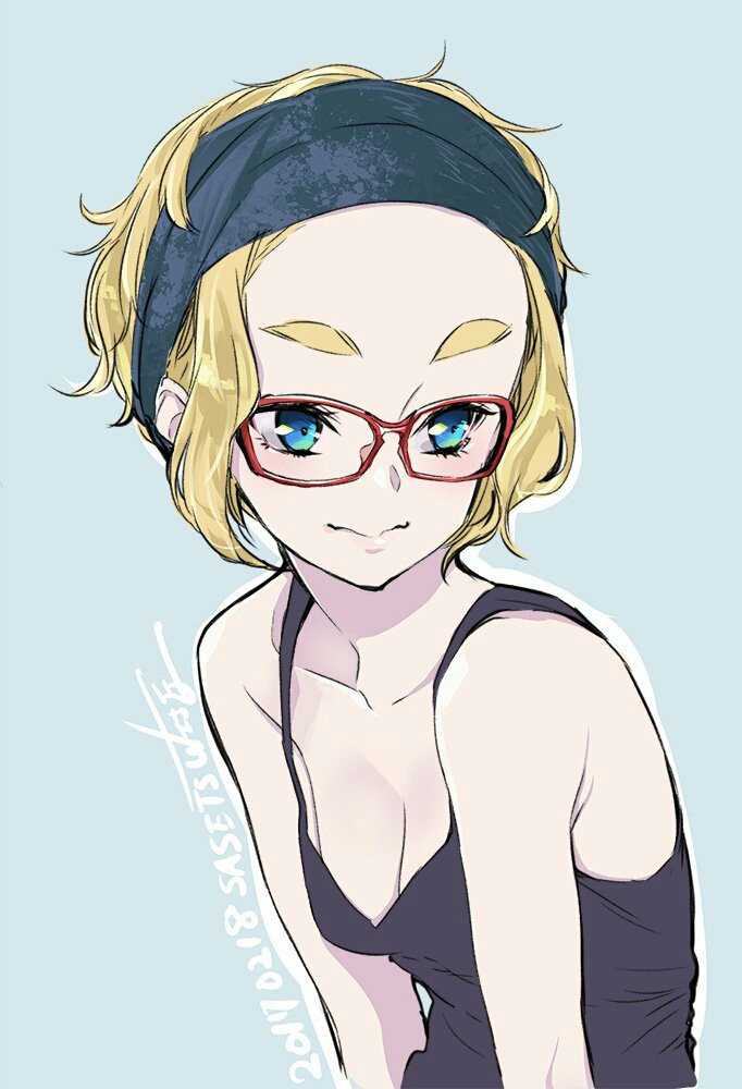 1girl alternate_hair_length alternate_hairstyle blonde_hair blue_eyes breasts cleavage dekoglasses eyebrows forehead glasses hairband original sasetsu short_hair smile solo tank_top thick_eyebrows