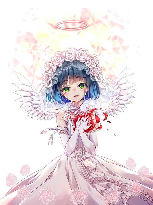 1boy angel_wings bangs bare_shoulders blue_hair bride collarbone collared_shirt commission crying crying_with_eyes_open dress flower frills gloves gradient_hair green_eyes hair_flower hair_ornament hands_on_own_chest hieihirai looking_at_viewer multicolored_hair open_mouth ribbon ryoune_yami shirt smile tearing_up tears trap upper_body utau veil wings