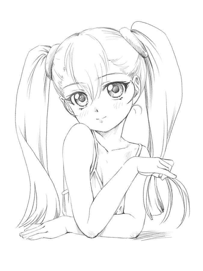 1girl camisole fuji_shinobu hoshino_ruri kidou_senkan_nadesico long_hair monochrome simple_background sketch smile solo twintails upper_body white_background