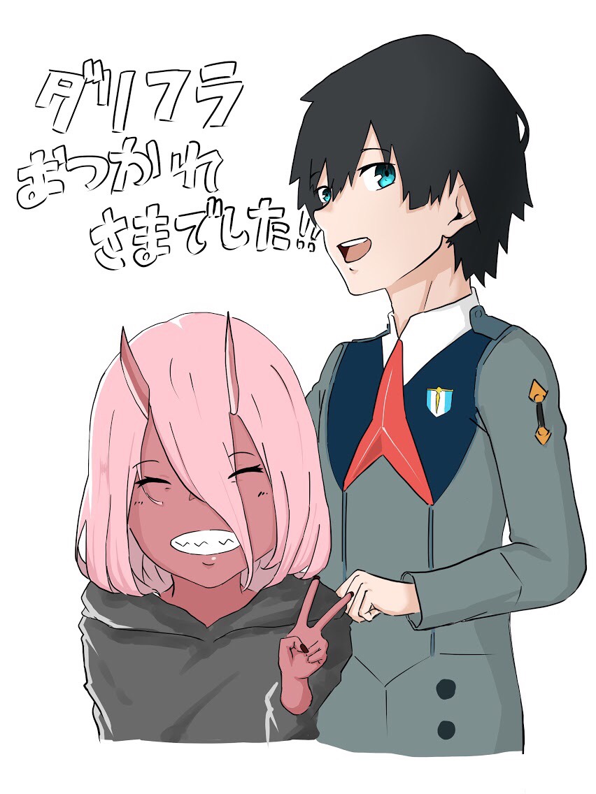 1boy 1girl bangs black_cloak black_hair blue_eyes child cloak closed_eyes commentary_request couple darling_in_the_franxx eyebrows_visible_through_hair hand_up hetero hiro_(darling_in_the_franxx) hood hooded_cloak horns long_hair long_sleeves looking_at_viewer military military_uniform necktie oni_horns parka pink_hair red_horns red_neckwear red_skin short_hair translated uniform v yorinari722 zero_two_(darling_in_the_franxx)