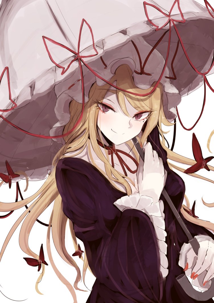 1girl bangs blonde_hair bow breasts dress eyelashes eyes_visible_through_hair eyeshadow fingernails frilled_sleeves frills hair_bow hat hat_ribbon holding holding_umbrella long_hair long_sleeves looking_at_viewer looking_to_the_side makeup medium_breasts mob_cap mole mole_under_eye nail_polish ne_kuro neck_ribbon purple_dress red_nails ribbon ribbon_trim simple_background solo touhou umbrella upper_body very_long_hair white_background wide_sleeves yakumo_yukari