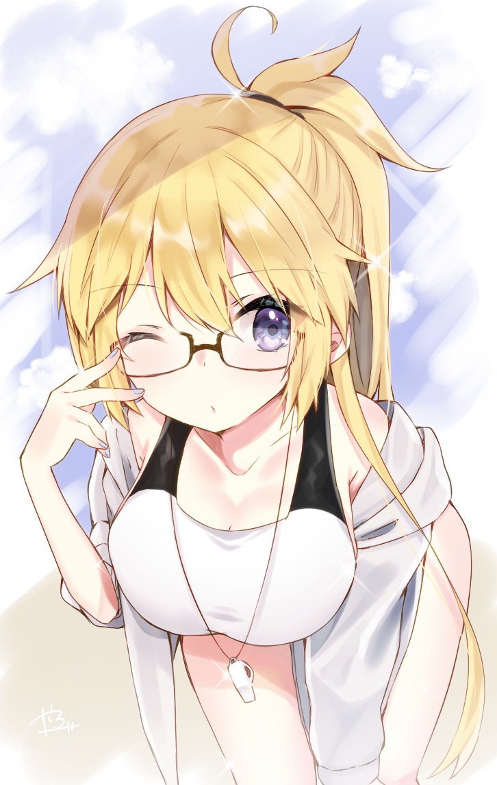 1girl abe_suke bangs bare_shoulders bespectacled bikini bikini_top blonde_hair blue_nails blush breasts casual_one-piece_swimsuit closed_mouth commentary_request eyebrows_visible_through_hair fate/apocrypha fate/grand_order fate_(series) fingernails glasses glint hair_between_eyes hood hood_down hooded_jacket jacket jeanne_d'arc_(fate) jeanne_d'arc_(fate)_(all) large_breasts leaning_forward long_hair long_sleeves looking_at_viewer nail_polish off_shoulder one-piece_swimsuit one_eye_closed ponytail signature solo swimsuit violet_eyes whistle white_bikini white_hair white_swimsuit