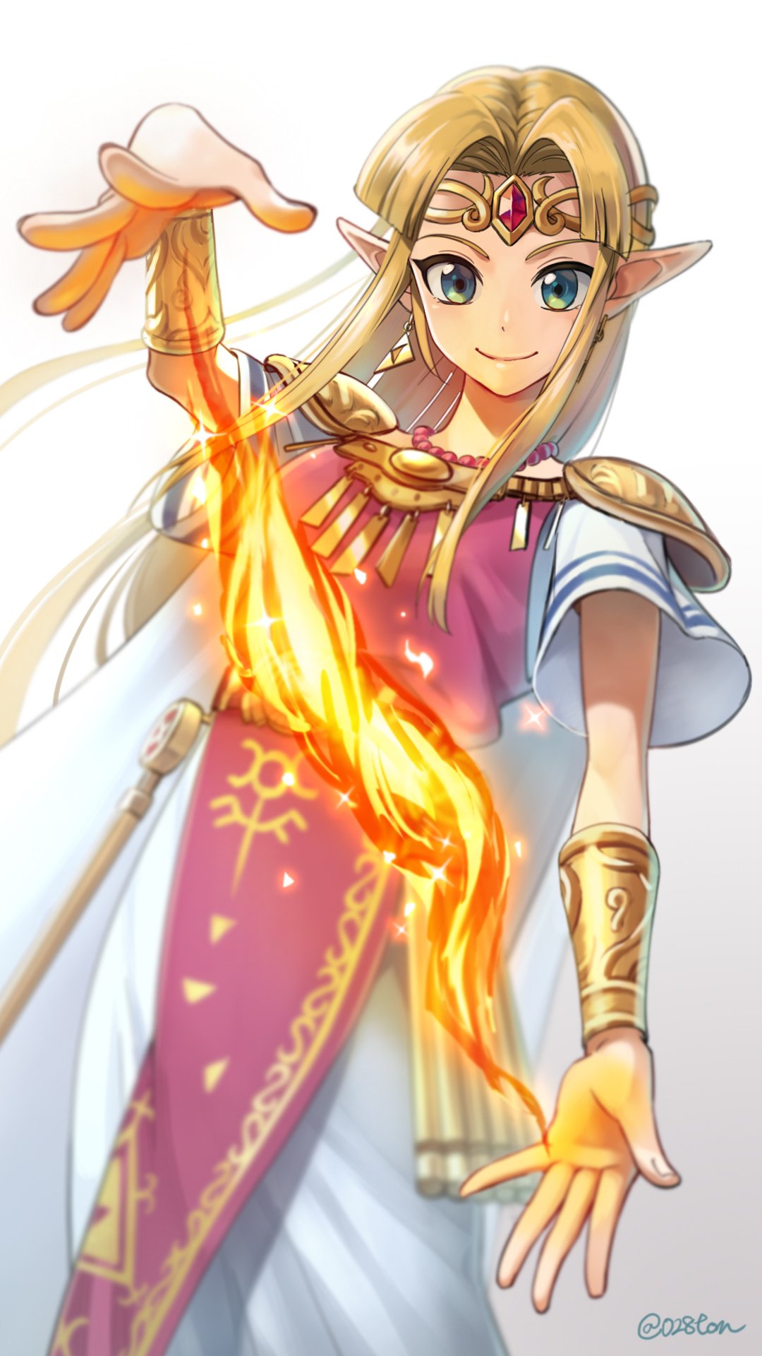 1girl blonde_hair blush dress earrings elbow_gloves fire gloves green_eyes highres jewelry long_hair looking_at_viewer otton pointy_ears princess_zelda simple_background smile solo super_smash_bros. super_smash_bros_ultimate the_legend_of_zelda the_legend_of_zelda:_a_link_between_worlds tiara