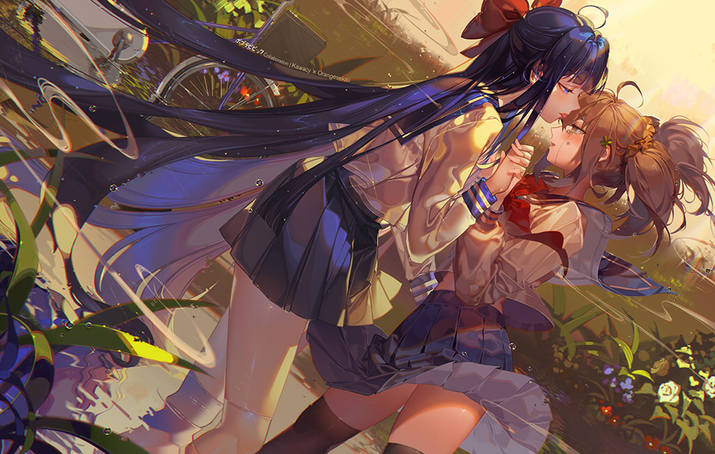 2girls ahoge bicycle blue_flower blue_hair blue_skirt bow brown_hair commentary_request crying flower from_side ground_vehicle hair_bow hair_ornament hairclip hand_holding interlocked_fingers kawacy long_hair long_sleeves looking_at_another multiple_girls open_mouth parody pipimi plant pleated_skirt pond poptepipic popuko red_flower school_uniform skirt tears toki_wo_kakeru_shoujo tongue tongue_out twintails very_long_hair wading white_flower yuri