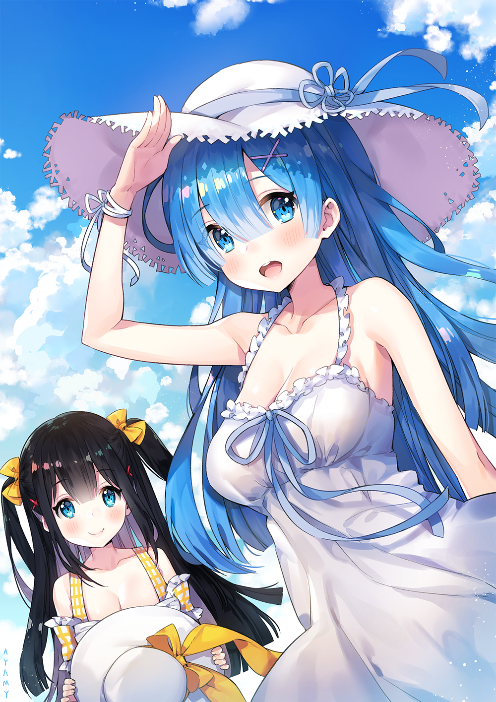 1girl 2girls arm_at_side arm_up artist_name ayamy bare_shoulders black_hair blue_eyes blue_hair blue_ribbon blue_sky breasts checkered checkered_dress closed_mouth clouds collarbone commentary_request day dress dutch_angle eyebrows_visible_through_hair eyes_visible_through_hair fang_out frilled_dress frills hair_between_eyes hair_ornament halter_dress halterneck hat hat_ribbon headwear_removed highres holding holding_hat long_hair medium_breasts multiple_girls original outdoors re:zero_kara_hajimeru_isekai_seikatsu rem_(re:zero) ribbon round_teeth salute shiny shiny_hair sky smile tareme teeth twintails upper_teeth white_dress white_hat white_ribbon wrist_ribbon x_hair_ornament yellow_ribbon
