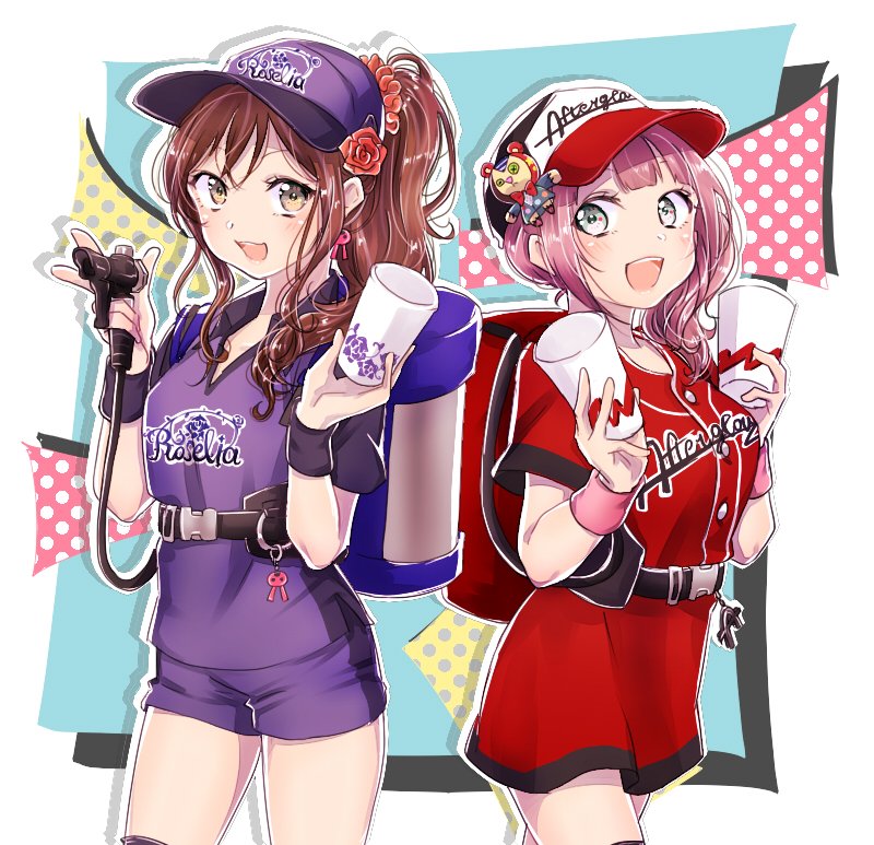2girls :d alternate_hairstyle backpack bag bang_dream! bangs baseball_cap brown_eyes brown_hair buckle bunny_earrings charm_(object) clothes_writing commentary_request cowboy_shot cup flower grey_eyes group_name hair_flower hair_ornament hair_scrunchie hat hat_ornament hat_writing holding holding_cup hose hose_nozzle imai_lisa muchise multiple_girls open_mouth outline pink_hair ponytail purple_shirt purple_shorts red_flower red_rose red_scrunchie red_shirt red_skirt rose scrunchie shirt short_sleeves shorts side_ponytail sidelocks skirt smile sweatband uehara_himari white_outline