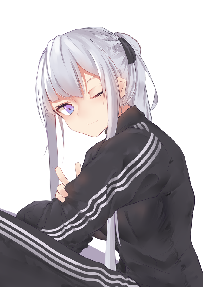 1girl adidas ak-12_(girls_frontline) casual girls_frontline inniyik long_hair looking_at_viewer one_eye_closed simple_background slav_squatting smile solo squatting v violet_eyes