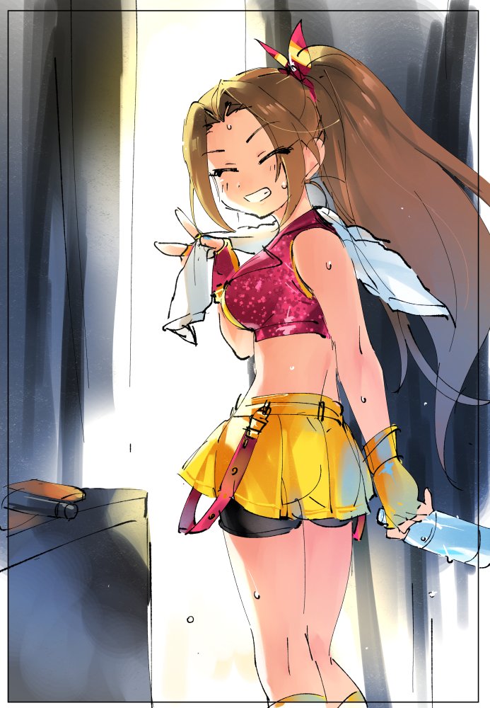 1girl ^_^ aino_nagisa backstage bare_arms bike_shorts bottle bow breasts brown_hair closed_eyes closed_eyes commentary crop_top curtains eyebrows_visible_through_hair facing_viewer fingerless_gloves from_behind gloves grin hair_bow idol idolmaster idolmaster_cinderella_girls long_hair long_ponytail looking_back medium_breasts midriff miniskirt miridereningen ponytail skirt sleeveless smile solo suspenders_hanging sweat towel v water_bottle yellow_gloves yellow_skirt