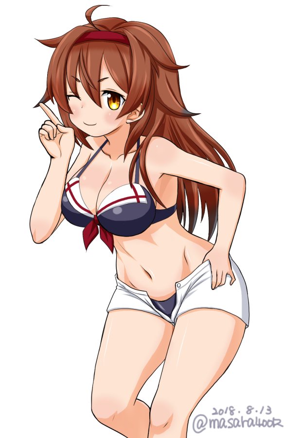 1girl bikini black_bikini brown_eyes brown_hair commentary_request feet_out_of_frame hair_flaps hairband index_finger_raised kantai_collection long_hair looking_at_viewer masara_(masalucky2010) open_fly red_hairband remodel_(kantai_collection) shiratsuyu_(kantai_collection) shorts simple_background smile solo swimsuit white_background white_shorts