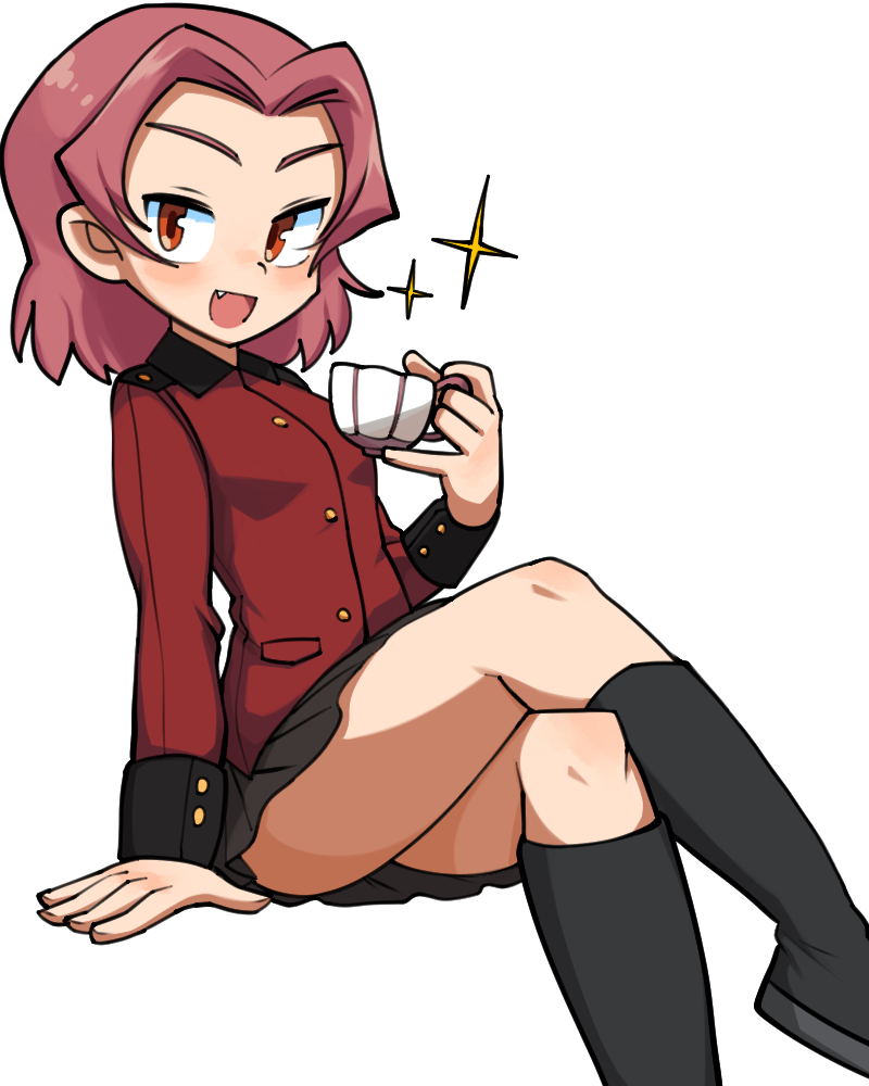 1girl :d black_legwear black_skirt buttons cup fang girls_und_panzer holding holding_cup kneehighs legs_crossed lkll long_sleeves military military_uniform miniskirt open_mouth orange_eyes pink_hair pleated_skirt rosehip short_hair simple_background sitting skirt smile solo sparkle st._gloriana's_military_uniform teacup uniform white_background