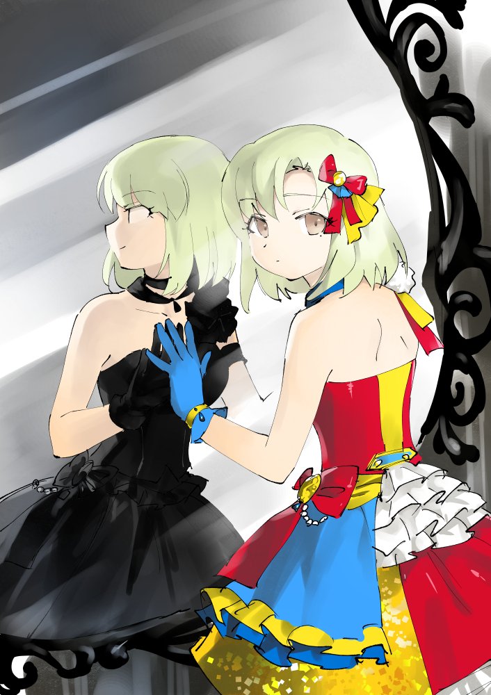 1girl against_mirror back bangs bare_shoulders black_dress black_gloves blue_gloves brown_eyes colorful commentary dress eyebrows_visible_through_hair gloves hand_on_mirror idolmaster idolmaster_(classic) light_green_hair looking_at_viewer looking_back medium_hair miridereningen mirror mole mole_under_eye pale_skin red_dress reflection shiika_(idolmaster) sleeveless sleeveless_dress solo