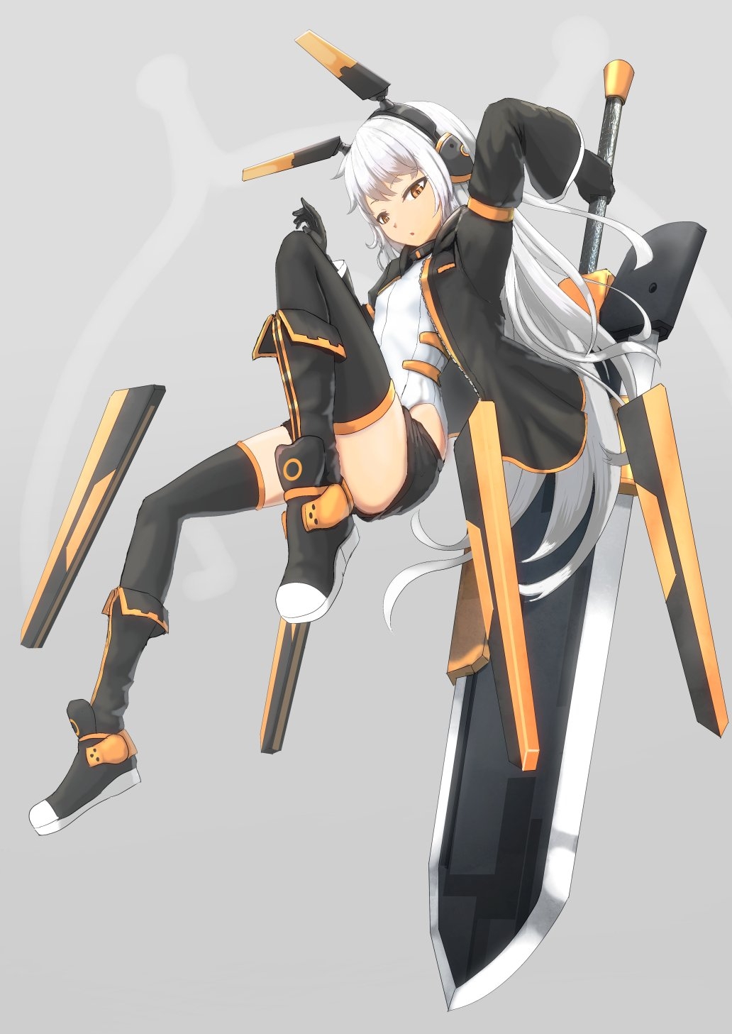 1girl boots collar full_body gloves grey_background headgear highres holding holding_weapon jacket leotard long_hair namako_(namacotan) open_clothes open_jacket orange_eyes original shorts solo sword thigh-highs weapon white_hair