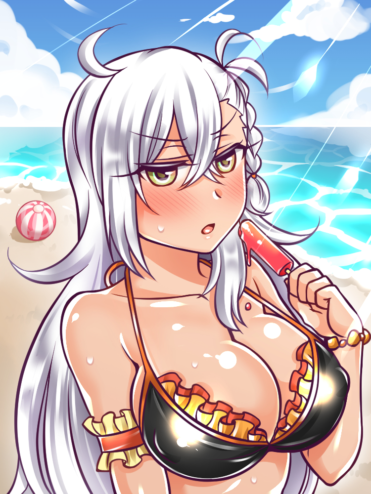 1girl ahoge beach bikini braid breasts clouds collarbone day dripping eating fate/grand_order fate_(series) food large_breasts looking_at_viewer mabo-udon olga_marie_animusphere outdoors popsicle shiny shiny_clothes shiny_skin side_braid solo swimsuit upper_body white_hair yellow_eyes