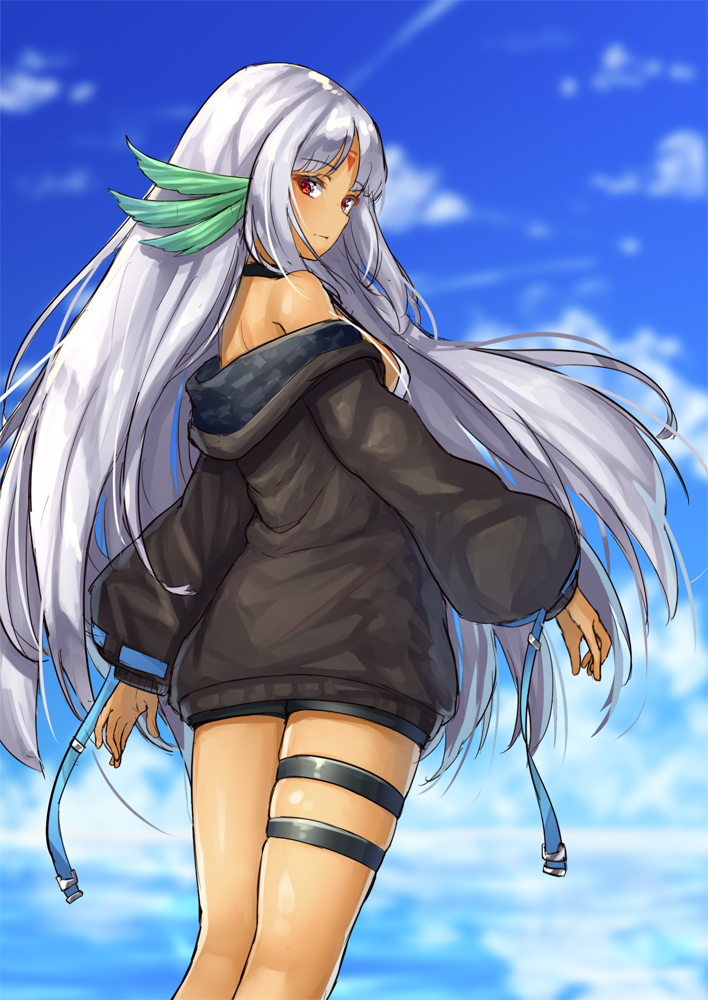 1girl azur_lane bangs black_shorts blue_sky blurry blurry_background blush breasts brown_jacket closed_mouth clouds cloudy_sky commentary_request dark_skin day depth_of_field eyebrows_visible_through_hair facial_mark forehead_mark jacket long_hair long_sleeves looking_at_viewer looking_back massachusetts_(azur_lane) medium_breasts native_american off_shoulder outdoors parted_bangs pensuke puffy_long_sleeves puffy_sleeves red_eyes short_shorts shorts silver_hair sky sleeves_past_wrists solo standing very_long_hair