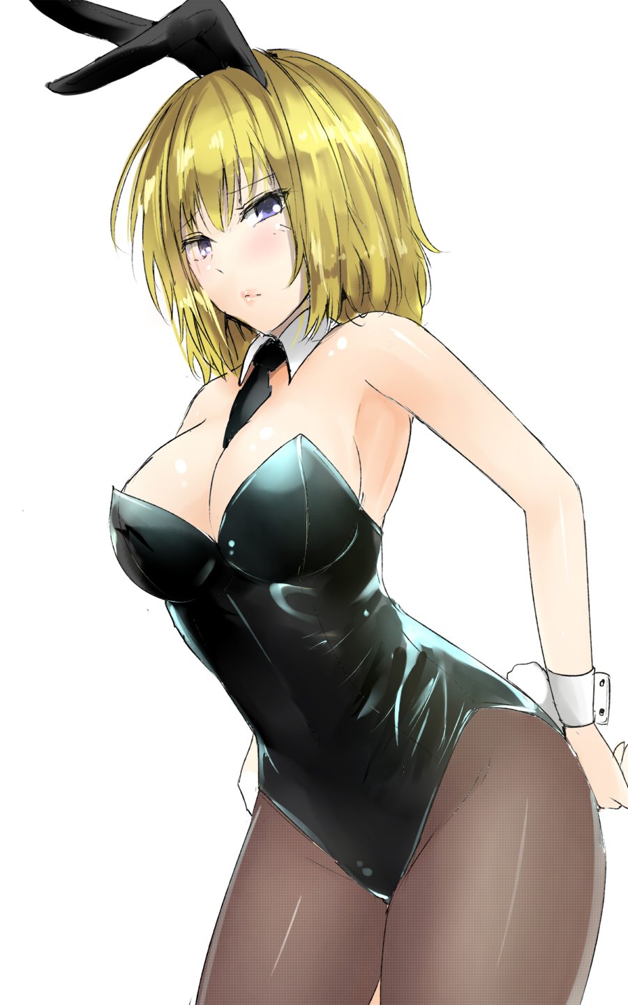 1girl alice_margatroid alternate_costume animal_ears bangs bare_arms bare_shoulders black_neckwear blonde_hair blush breasts brown_legwear bunny_tail bunnysuit cleavage commentary_request cowboy_shot detached_sleeves eyebrows_visible_through_hair fake_animal_ears fake_tail hair_between_eyes highres large_breasts leaning_forward lips looking_at_viewer necktie pantyhose rabbit_ears shiny shiny_skin short_hair simple_background solo standing tail thighs touhou violet_eyes white_background wrist_cuffs y2