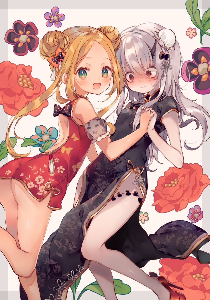 2girls :d @_@ abigail_williams_(fate/grand_order) alternate_costume ana_(rznuscrf) ass backless_dress backless_outfit black_bow black_dress blonde_hair blue_flower blush bow braid brown_eyes bun_cover china_dress chinese_clothes commentary_request double_bun dress fate/grand_order fate_(series) flower green_eyes hair_bow hair_bun hand_holding highres interlocked_fingers lavinia_whateley_(fate/grand_order) looking_at_viewer looking_to_the_side multiple_girls open_mouth orange_bow pelvic_curtain polka_dot polka_dot_bow purple_flower red_dress red_flower short_dress short_sleeves side_braid silver_hair sleeveless sleeveless_dress smile