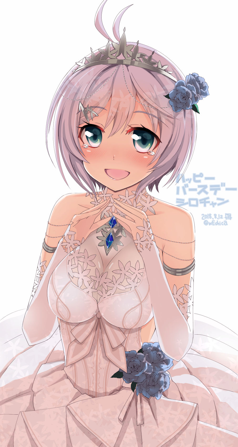 1girl antenna_hair armlet bangs bare_shoulders blue_eyes blue_flower blue_rose blush breast_squeeze breasts cleavage commentary_request cowboy_shot dated dennou_shoujo_youtuber_shiro detached_sleeves dress eyebrows_visible_through_hair flower gem grey_hair hair_between_eyes hair_flower hair_ornament hairclip hands_up happy_tears highres large_breasts lips long_sleeves looking_at_viewer rose rose_hair_ornament shiro_(dennou_shoujo_youtuber_shiro) short_hair simple_background solo tears tiara translated twitter_username virtual_youtuber weshika white_background white_dress