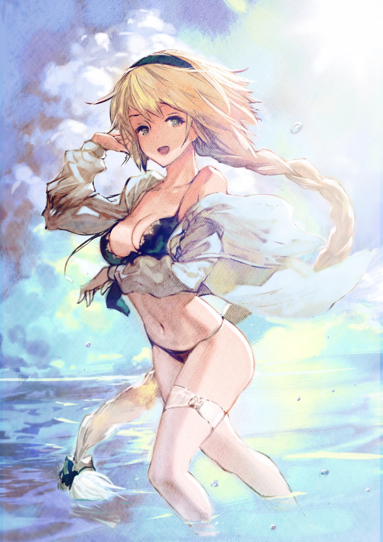 1girl :d bangs bikini black_bikini blonde_hair braid breasts cleavage clouds cloudy_sky commentary_request day fate/grand_order fate_(series) feet_out_of_frame hair_ribbon hairband hand_up highres horizon jacket jeanne_d'arc_(fate)_(all) jeanne_d'arc_(swimsuit_archer) kazama_raita long_hair long_sleeves looking_at_viewer medium_breasts navel ocean off_shoulder open_mouth outdoors ribbon single_braid sky smile solo standing swimsuit thigh_strap very_long_hair wading water water_drop