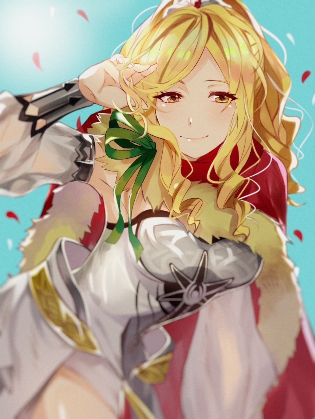 1girl blonde_hair blue_sky blurry bracer breasts brown_eyes cape character_request day detached_sleeves fur_trim green_ribbon hand_up highres leaning_forward medium_breasts outdoors red_cape ribbon sdorica_-sunset- sidelocks sky smile standing yawai_tofu