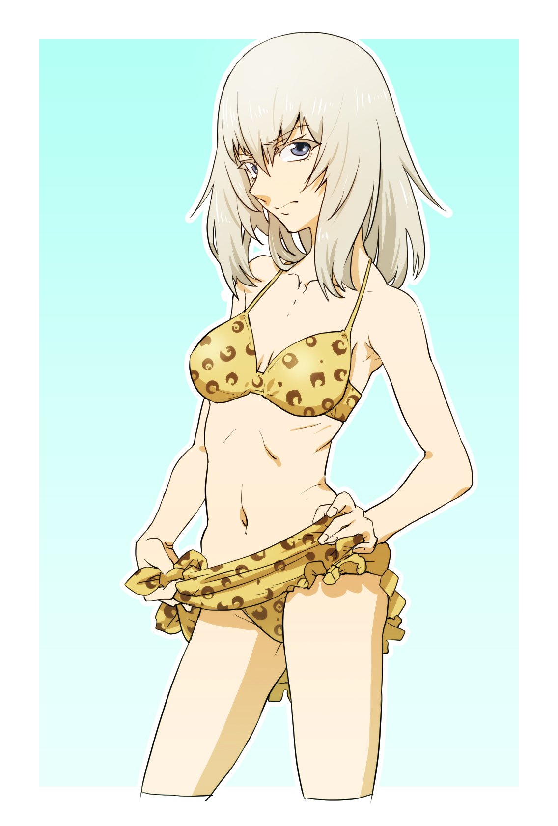 1girl animal_print aqua_background bikini blue_background blue_eyes breasts closed_mouth commentary_request cowboy_shot cropped_legs eyebrows_visible_through_hair eyelashes frown girls_und_panzer glaring gradient gradient_background hand_on_hip highres hp23 itsumi_erika leopard_print lifted_by_self long_hair looking_at_viewer medium_breasts navel outside_border print_bikini print_sarong sarong_lift silver_hair solo standing swimsuit yellow_bikini yellow_sarong