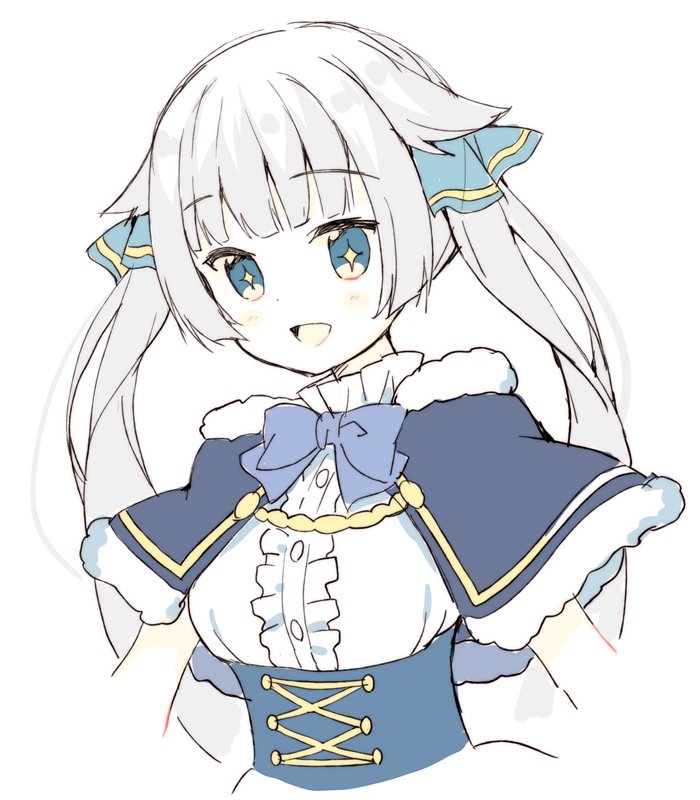 +_+ 1girl bangs blue_bow blue_capelet blue_eyes blue_ribbon blush bow breasts capelet center_frills commentary_request corset eyebrows_visible_through_hair frills fur-trimmed_capelet fur_trim hair_flaps hair_ribbon long_hair looking_at_viewer meito_(maze) original ribbon shirt sidelocks silver_hair small_breasts solo twintails upper_body very_long_hair white_shirt