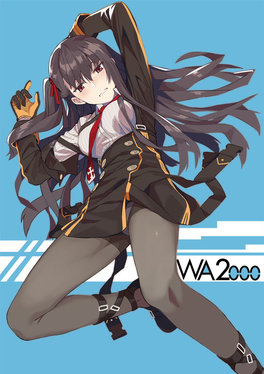 1girl arms_up bangs black_legwear black_skirt blazer blue_background blush breasts buckle collared_shirt eyebrows_visible_through_hair girls_frontline half_updo head_tilt highres jacket large_breasts long_hair looking_at_viewer lying ningen_(ningen96) on_back panties panties_under_pantyhose pantyhose parted_lips purple_hair red_eyes red_neckwear ribbon shirt shoes skirt solo underwear very_long_hair wa2000_(girls_frontline) white_shirt