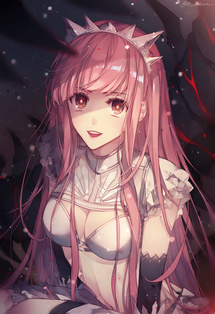 1girl artist_name bangs black_gloves bra breasts brown_eyes cleavage commentary_request dominatrix elbow_gloves fate/grand_order fate_(series) frills gloves highres long_hair looking_at_viewer medb_(fate/grand_order) medium_breasts open_mouth pink_hair revision sidelocks skirt smile solo tiara underwear upper_body upper_teeth white_bra white_skirt zelovel