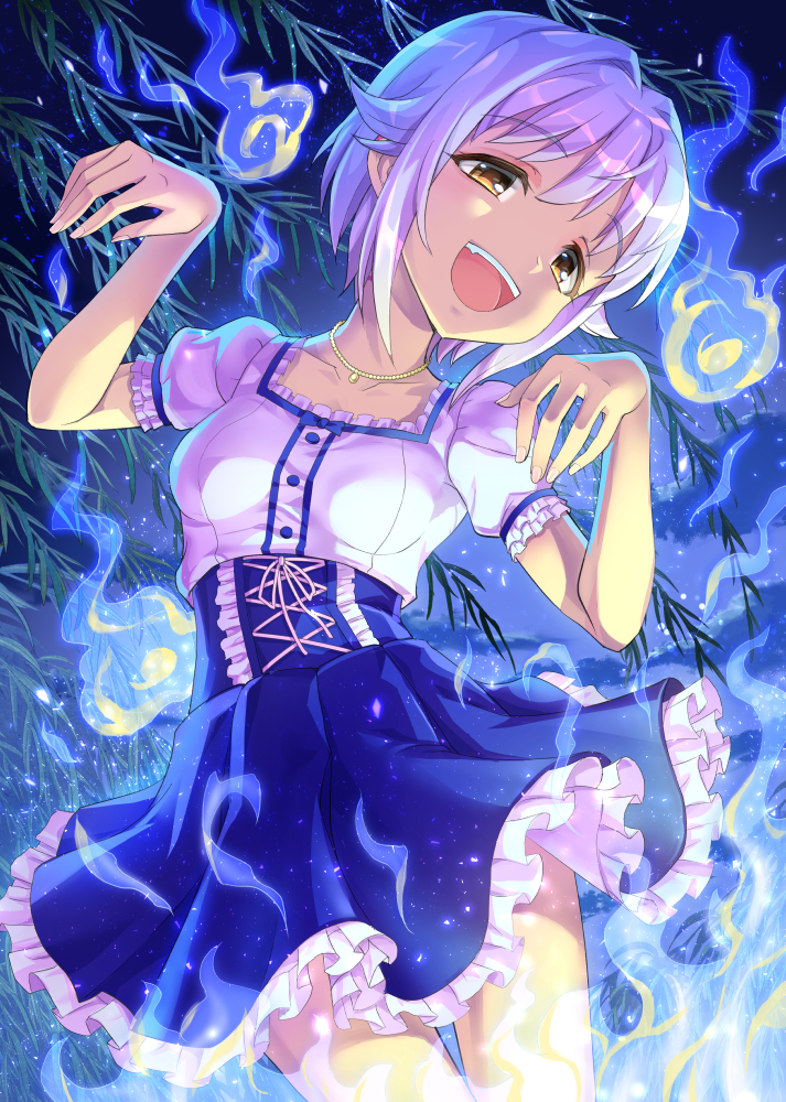 1girl :d brown_eyes dress fang frills hair_flaps hair_intakes hair_ornament hairclip hitodama idolmaster idolmaster_cinderella_girls jewelry koshimizu_sachiko lavender_hair looking_at_viewer necklace open_mouth short_hair short_sleeves sky smile solo star_(sky) starry_sky teeth zless