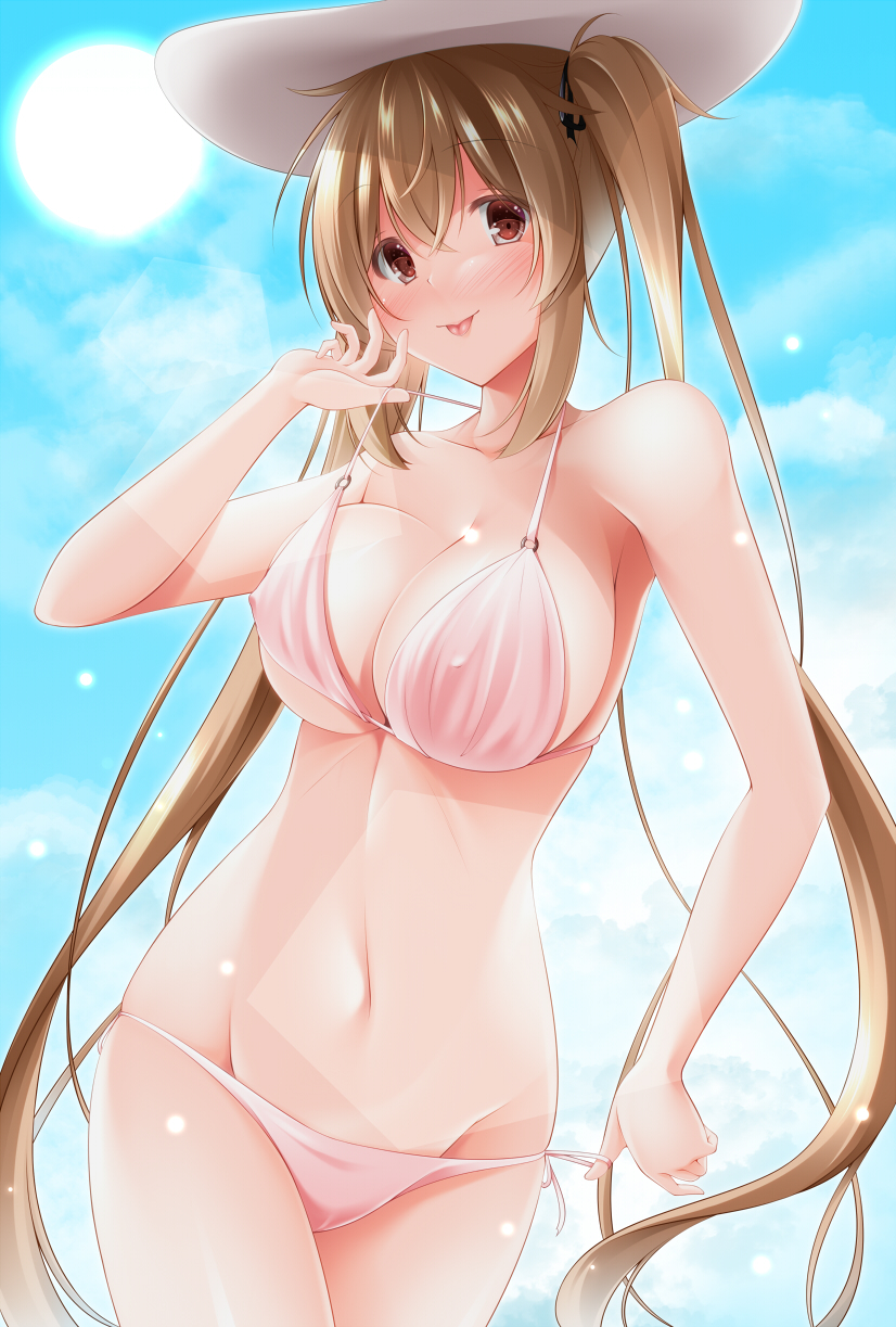 1girl bangs beach bikini blush breasts cleavage clouds collarbone covered_nipples eyebrows_visible_through_hair hair_tie hat highres kantai_collection large_breasts lens_flare light_brown_hair long_hair looking_at_viewer murasame_(kantai_collection) narukami_ginryuu navel outdoors pink_bikini red_eyes side-tie_bikini sideboob sky smile solo strap_gap strap_pull sun sun_hat swimsuit thighs tongue tongue_out twintails twisted_torso upper_body very_long_hair white_hat